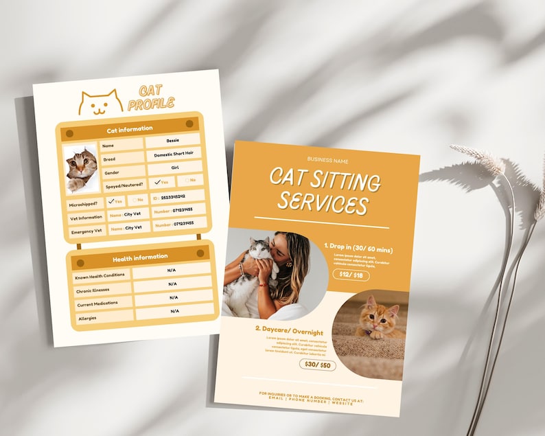 May include: A yellow and white flyer advertising cat sitting services. The flyer features a cat illustration and the text "Cat Sitting Services". The flyer lists three services: Drop in (30/60 mins), Daycare/Overnight, and a phone number for enquiries.