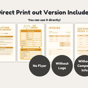 May include: Four printable documents for pet sitting services. The documents include a service contract, a cat profile, an invoice, and a price list. The documents are in a yellow and white colour scheme with a cat illustration.