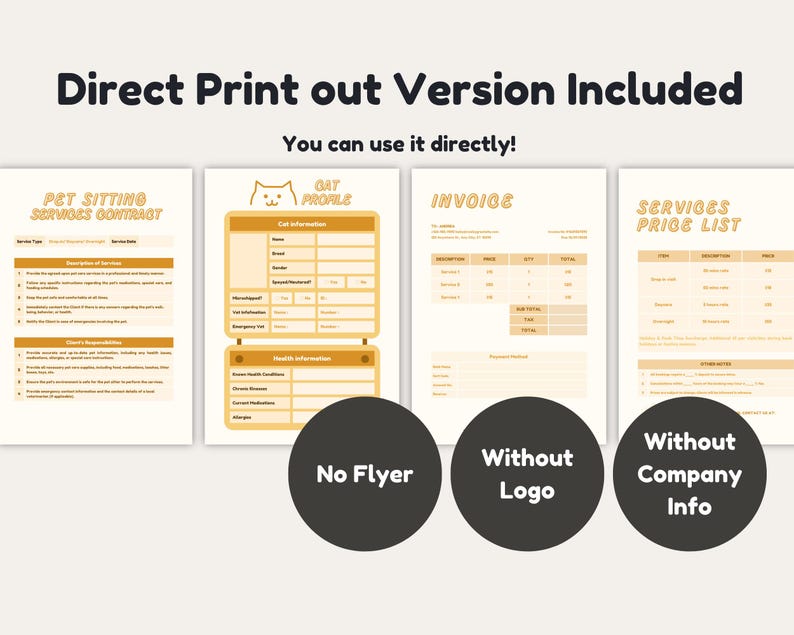 May include: Four printable documents for pet sitting services. The documents include a service contract, a cat profile, an invoice, and a price list. The documents are in a yellow and white colour scheme with a cat illustration.