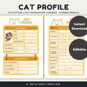 Könnte beinhalten: Eine druckbare Katzenprofilvorlage in Gelb und Braun mit dem Text "Cat Profile" und "Cat Sitting | Cat Information | Freebie - Owner Profile". Die Vorlage enthält Abschnitte für Katzeninformationen, Gesundheitsinformationen und Persönlichkeit und Verhalten.