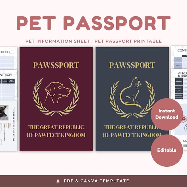 Printable Pet Passport for Cat and Dog Vaccination and Health Record Pet Identification Sheet Pet Information Organizer for Pet Owners