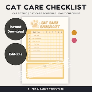 Liste de contrôle pour les soins du chat | Programme quotidien des chats | Planificateur de soins pour chats | Enseignement des soins aux animaux | Tableau d'entretien des chats | Suivi des soins pour chats | Modèle canevas et PDF