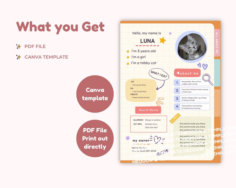 May include: A printable pet profile template with a cute cat illustration. The template includes sections for the pet's name, age, breed, personality, diet, health notes, and owner information. The template is designed in a colorful and playful style with hearts, stars, and paw prints.