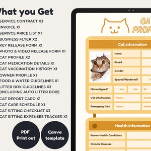 May include: A digital tablet displaying a yellow and orange cat profile template. The template includes sections for cat information, health information, and vet information. The template is designed to help cat owners keep track of their cat's health and care.