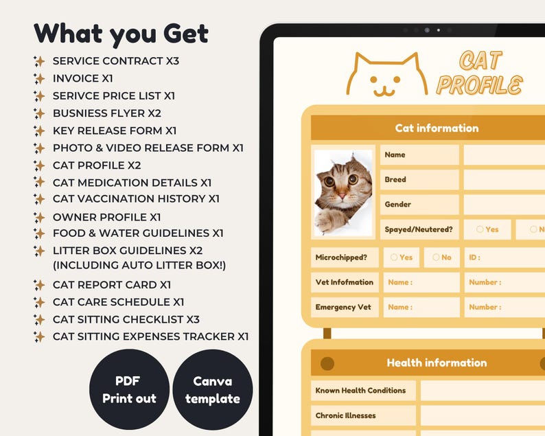 May include: A digital tablet displaying a yellow and orange cat profile template. The template includes sections for cat information, health information, and vet information. The template is designed to help cat owners keep track of their cat's health and care.