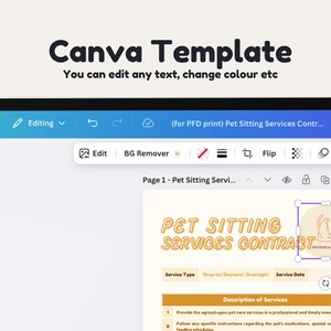May include: A Canva template for a pet sitting services contract. The template includes a title, service type, service date, and a description of services. The template is designed to be printed and used for professional pet sitting services.