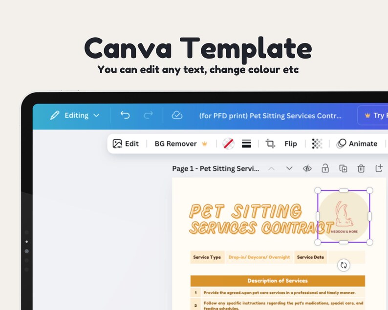 May include: A Canva template for a pet sitting services contract. The template includes a title, service type, service date, and a description of services. The template is designed to be printed and used for professional pet sitting services.
