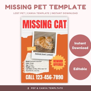 Missing Pet Template | Lost Cat, Dog Flyer | Printable Lost Pet Poster | Editable Canva Template | Missing Pet Alert | PDF Included