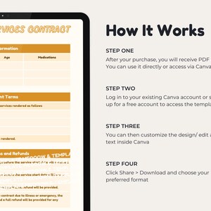 May include: A digital template for a pet sitting service contract. The template includes sections for pet information, payment terms, and cancellations and refunds. The template is designed to be used with Canva.