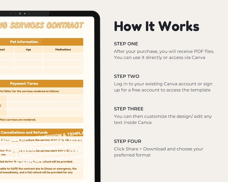 May include: A digital template for a pet sitting service contract. The template includes sections for pet information, payment terms, and cancellations and refunds. The template is designed to be used with Canva.