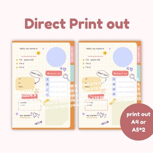 May include: Printable pet profile template with a yellow, orange, and pink color scheme. The template includes sections for the pet's name, age, breed, and personality. It also includes a space for a photo of the pet. The template is designed to be printed on A4 or A5 paper.