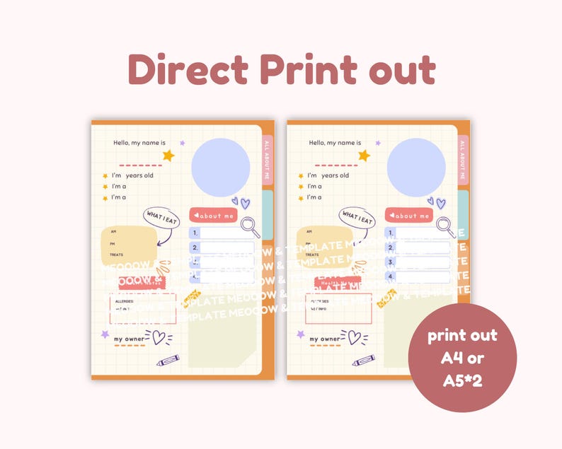 May include: Printable pet profile template with a yellow, orange, and pink color scheme. The template includes sections for the pet's name, age, breed, and personality. It also includes a space for a photo of the pet. The template is designed to be printed on A4 or A5 paper.