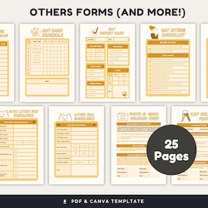 May include: A set of 25 printable forms for cat sitters, including a cat care schedule, a report card, a sitting checklist, auto litter box guidelines, litter box guidelines, a photo and video release form, and a key release form. The forms are designed with a yellow and brown colour scheme and feature cute cat illustrations.