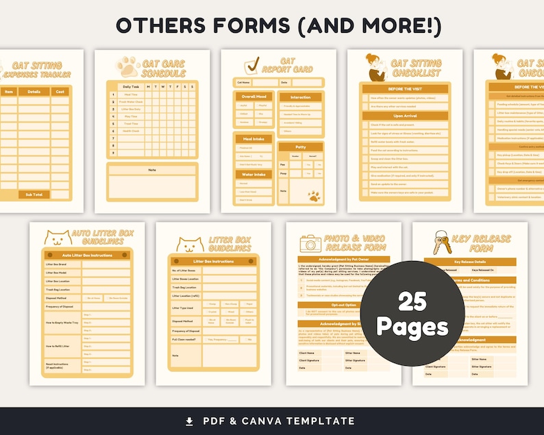 May include: A set of 25 printable forms for cat sitters, including a cat care schedule, a report card, a sitting checklist, auto litter box guidelines, litter box guidelines, a photo and video release form, and a key release form. The forms are designed with a yellow and brown colour scheme and feature cute cat illustrations.