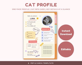 Cat Profile Template: Pet Sitter Instructions, Care Guide (PDF & Canva)