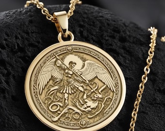 14K Massiv Gold Erzengel Michael Halskette: Spiritueller Schutzengel Anhänger