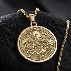 Solid 10k Yellow Gold Saint Michael Celtic Cross Pendant - "Pray For Us" Inscription, 1.6 Inches
