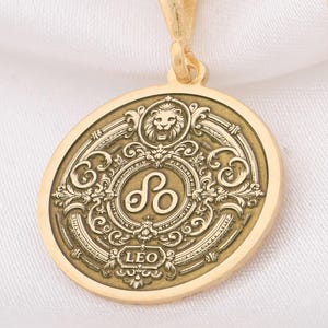 Leo Zodiac Necklace Gold Baroque Style Engraved Leo Sign Pendant Astrology Jewelry Gift for August Birthday  Horoscope Medallion for Her