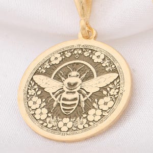 14K Gold Bee Necklace  Honeybee Pendant  Nature Inspired Jewelry Flower Bee Charm Diva Energy Gold Necklace 14K Bee Coin Gift Fot Her