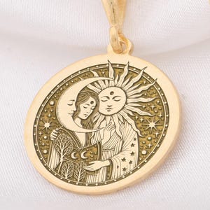 14K Gold Sun and Moon Lovers Pendant Necklace Silver Cosmic Couple Jewelry Handcrafted Gold Sun and Moon Jewelry  Perfect Gift for Soulmates