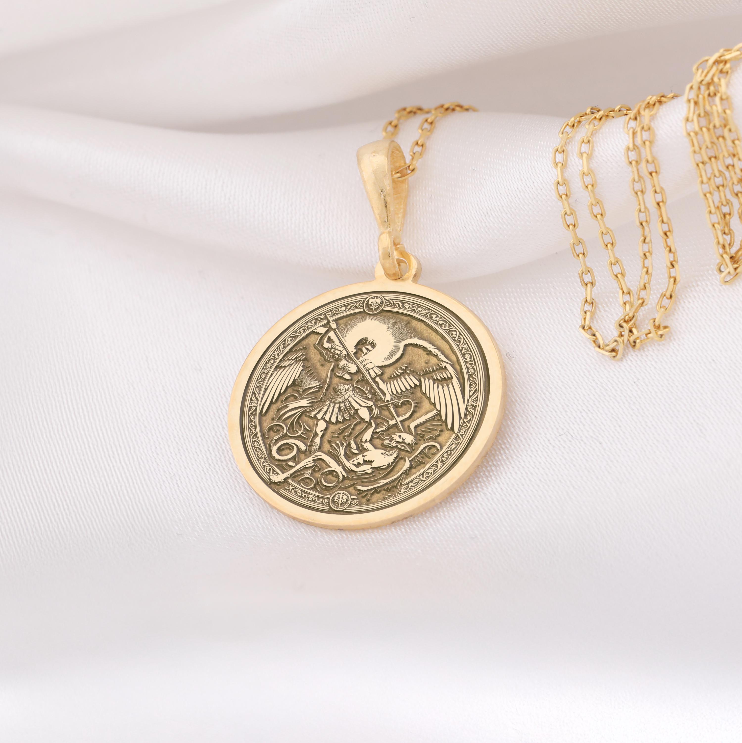 14K Solid Gold Archangel Michael Necklace Spiritual Guardian Pendant Protective Angel Jewelry Gift for Men & Women Archangel Michael Charm