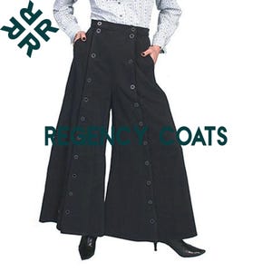 May include: Black wide-leg trousers featuring a high waist and two vertical rows of buttons running down the front. The garment includes side pockets and is paired with a light-coloured long-sleeved shirt. The text REGENCY COATS is visible.