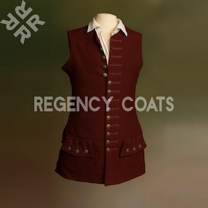 Puede incluir: Un chaleco burdeos con botones dorados y dos bolsillos delanteros. El chaleco se lleva sobre una camisa blanca con cuello. El texto "REGENCY COATS" está impreso en el chaleco. La prenda tiene un cuello alto.