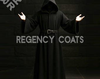 Black wool Hooded Halloween Cloak, Gothic Medieval Full Length Cape