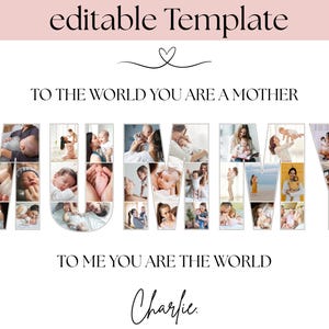 Editable Canva template for personalised Mum photo collage wall art. Features the word “MUMMY” filled with your chosen photos, customisable text and background colour. Perfect Mother’s Day, birthday or memory keepsake gift, with 7 popular size options.