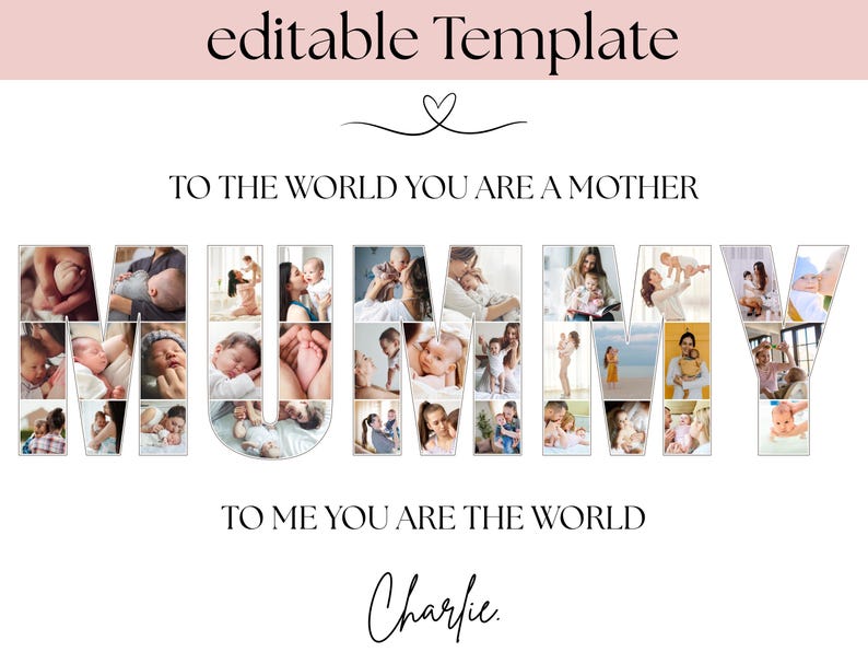 Editable Canva template for personalised Mum photo collage wall art. Features the word “MUMMY” filled with your chosen photos, customisable text and background colour. Perfect Mother’s Day, birthday or memory keepsake gift, with 7 popular size options.