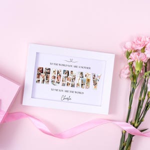 Editable Canva template for personalised Mum photo collage wall art. Features the word “MUMMY” filled with your chosen photos, customisable text and background colour. Perfect Mother’s Day, birthday or memory keepsake gift, with 7 popular size options.
