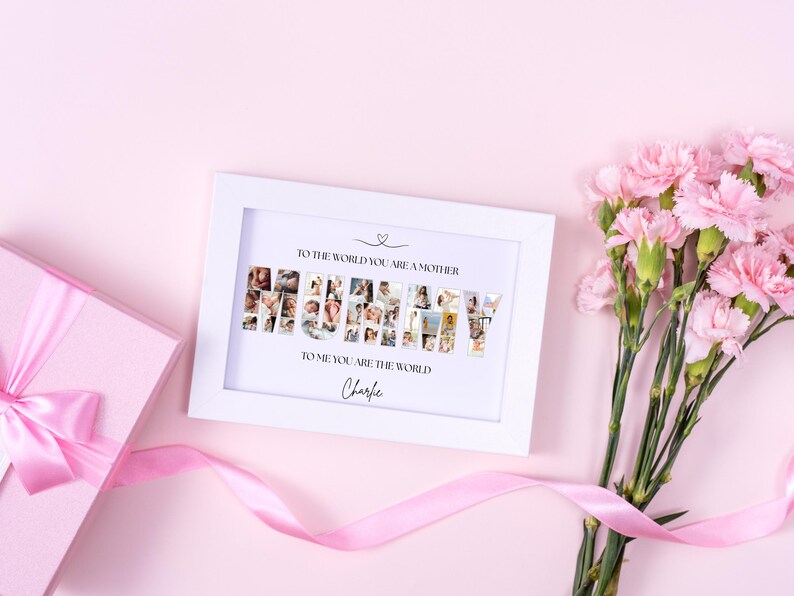 Editable Canva template for personalised Mum photo collage wall art. Features the word “MUMMY” filled with your chosen photos, customisable text and background colour. Perfect Mother’s Day, birthday or memory keepsake gift, with 7 popular size options.