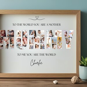 Editable Canva template for personalised Mum photo collage wall art. Features the word “MUMMY” filled with your chosen photos, customisable text and background colour. Perfect Mother’s Day, birthday or memory keepsake gift, with 7 popular size options.