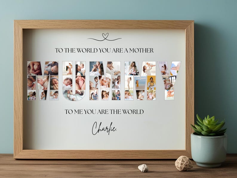 Editable Canva template for personalised Mum photo collage wall art. Features the word “MUMMY” filled with your chosen photos, customisable text and background colour. Perfect Mother’s Day, birthday or memory keepsake gift, with 7 popular size options.