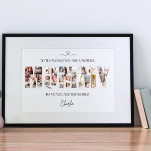 Editable Canva template for personalised Mum photo collage wall art. Features the word “MUMMY” filled with your chosen photos, customisable text and background colour. Perfect Mother’s Day, birthday or memory keepsake gift, with 7 popular size options.