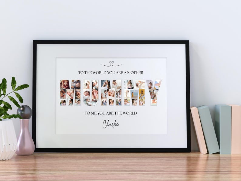 Editable Canva template for personalised Mum photo collage wall art. Features the word “MUMMY” filled with your chosen photos, customisable text and background colour. Perfect Mother’s Day, birthday or memory keepsake gift, with 7 popular size options.