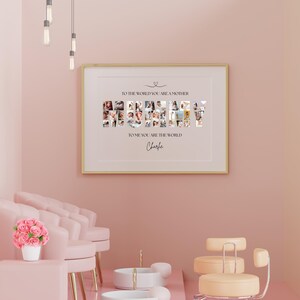 Editable Canva template for personalised Mum photo collage wall art. Features the word “MUMMY” filled with your chosen photos, customisable text and background colour. Perfect Mother’s Day, birthday or memory keepsake gift, with 7 popular size options.