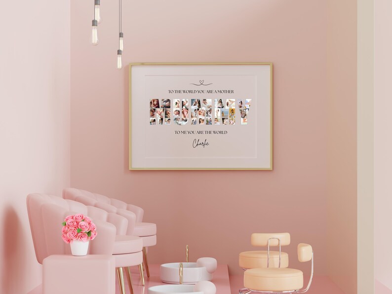 Editable Canva template for personalised Mum photo collage wall art. Features the word “MUMMY” filled with your chosen photos, customisable text and background colour. Perfect Mother’s Day, birthday or memory keepsake gift, with 7 popular size options.