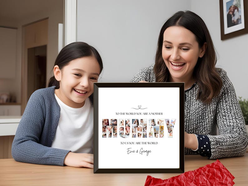 Editable Canva template for personalised Mum photo collage wall art. Features the word “MUMMY” filled with your chosen photos, customisable text and background colour. Perfect Mother’s Day, birthday or memory keepsake gift, with 7 popular size options.
