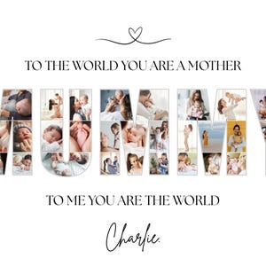 Editable Canva template for personalised Mum photo collage wall art. Features the word “MUMMY” filled with your chosen photos, customisable text and background colour. Perfect Mother’s Day, birthday or memory keepsake gift, with 7 popular size options.