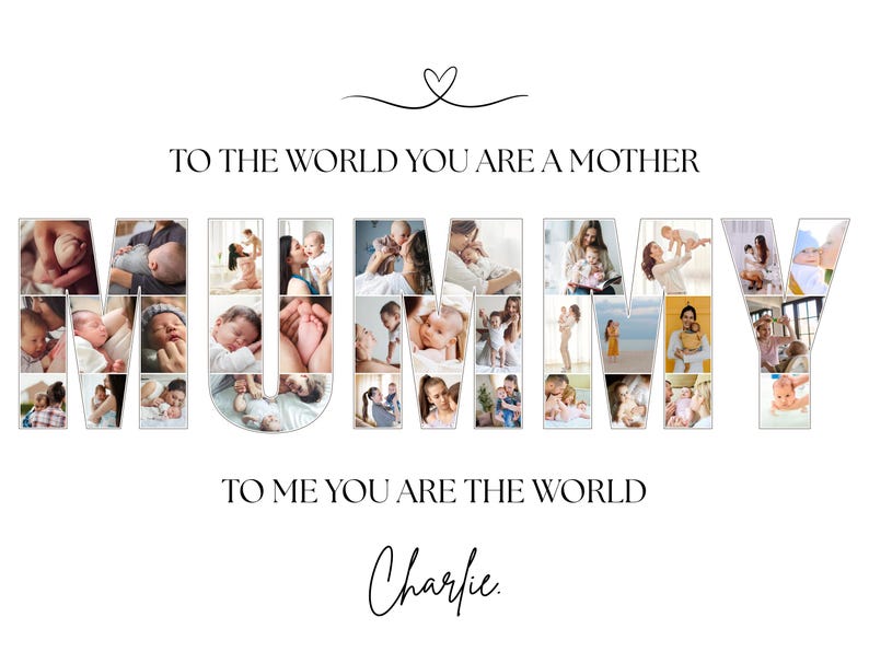 Editable Canva template for personalised Mum photo collage wall art. Features the word “MUMMY” filled with your chosen photos, customisable text and background colour. Perfect Mother’s Day, birthday or memory keepsake gift, with 7 popular size options.