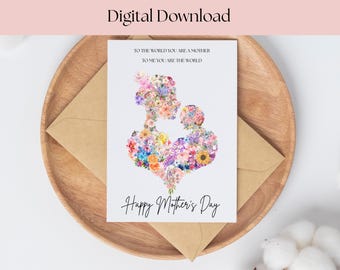 Tarjeta con silueta floral de madre y bebé: Cita significativa (Descarga digital)