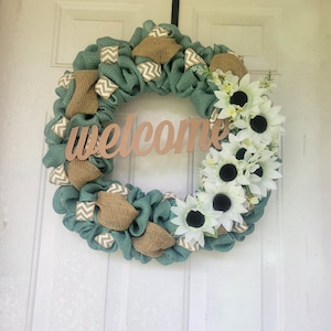 Rustic Teal Burlap Wreath with Daisies | Farmhouse Style Door Decor | Handmade Spring/Summer Wreath