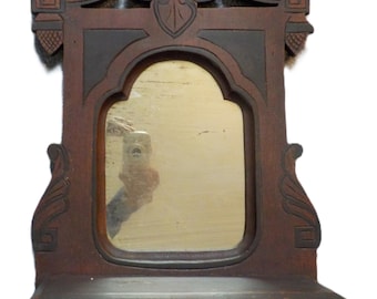 Antique EASTLAKE Gothic Victorian, Wall Shaving Vanity MIRROR, c1870s 12 x 24 in.