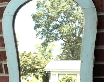 Antique Primitive MIRROR, Robin's Egg Baby BLUE , Arched FARMHOUSE , Shabby Wall Decor , c1880s , 16 x 25 in.