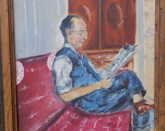 Vintage Man Reading NEWSPAPER on Dark Pink Sofa Interior Ashcan WPA Art Oil PAINTING Framed c1930s