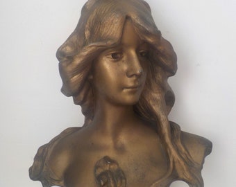 Antique ART NOUVEAU ' Sylvia' , Villanis Style Woman Lady, Large Heavy, METAL Bust Statue , 17 1/4 in. tall c1890s