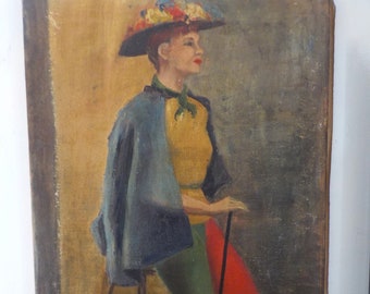 Midcentury WOMAN in Hat w/ Flowers, HARLEQUIN Colors Dressing , Posed on Chair, Oil PAINTING, 16 x 26 1/4 in., c1950s