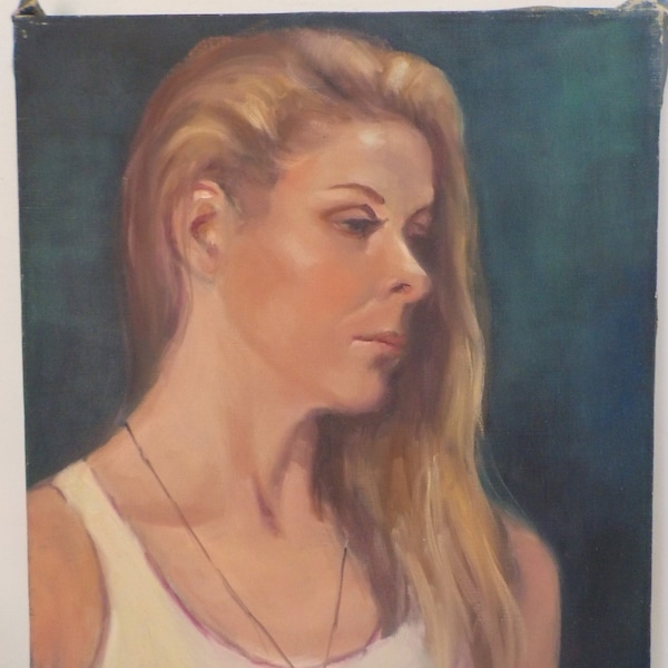 Belle femme blonde vintage, profil de cheveux longs, portrait à l'huile, années 80, 40 x 50 cm.