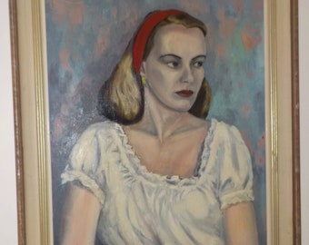 Vintage Mid-Century, Sultry Blond WOMAN in White PEASANT Blouse ,Oil Portrait PAINTING Framed c1950s